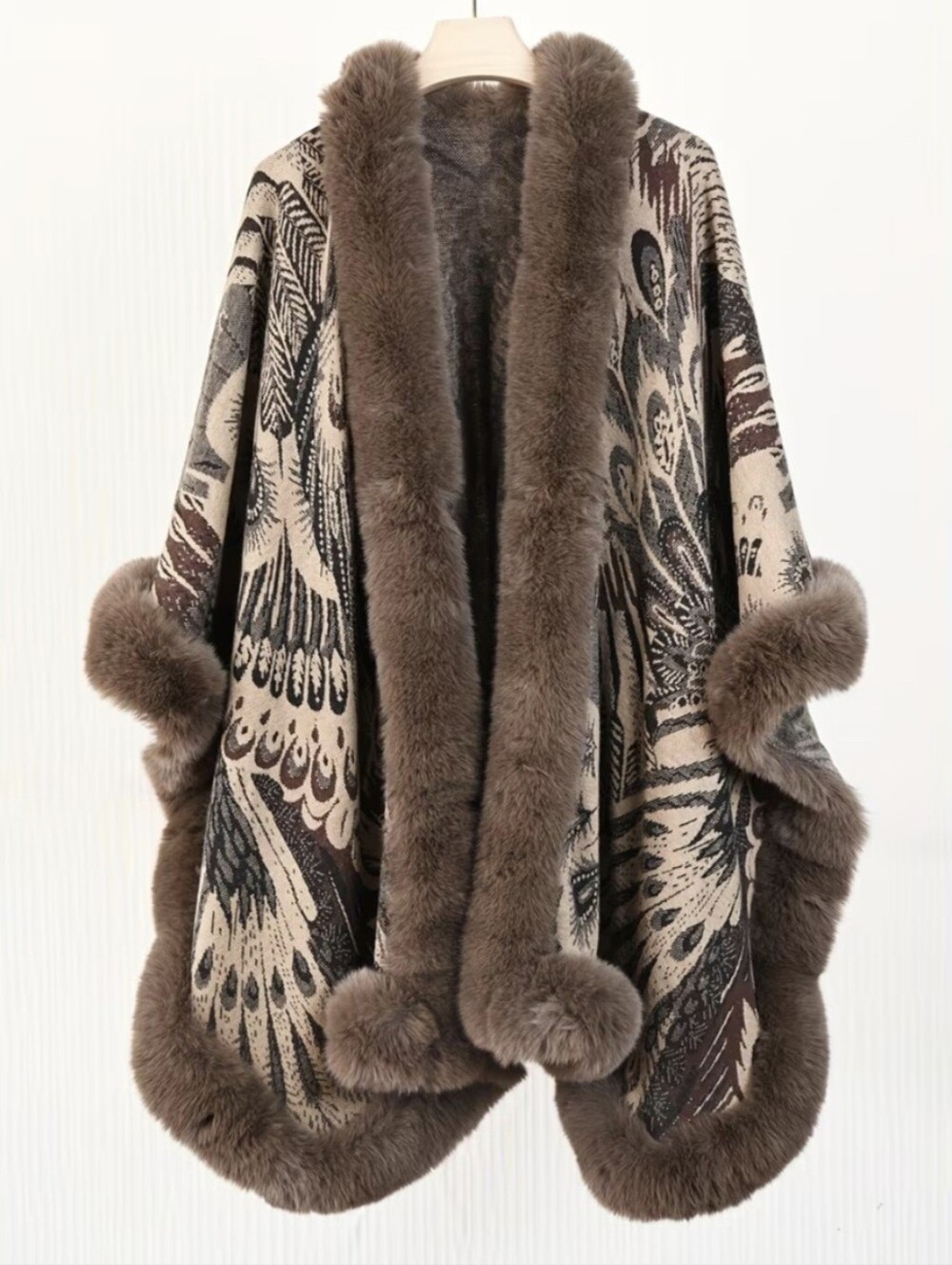 Women'S Faux Shawl Cape, Peacock Design Shawl, Matching Soft Faux Trim Cape Coat
